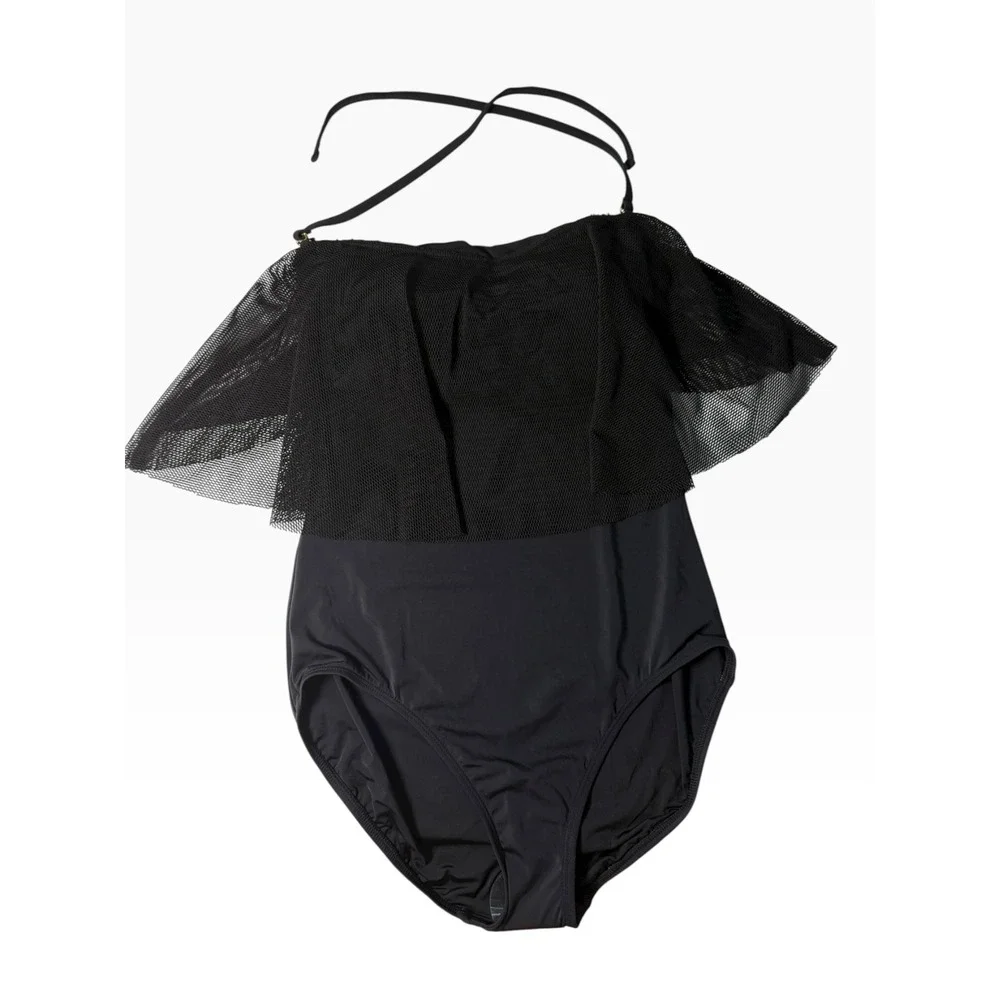 Hermoza Black Mesh Ruffle Off The Shoulder‎ One Piece Swimsuit Size 8 NEW